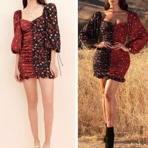 ✨ SALE NWT For Love & Lemons Black Burgundy Floral Ruched Cher Mini Dress Large